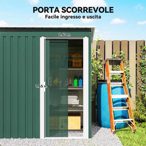 Outsunny Casetta da giardino con Tetto Inclinato e Porta Scorrevole, Capanno Attrezzi in Acciaio Zincato, 163x89x182 cm, Verde | Aosom Italy