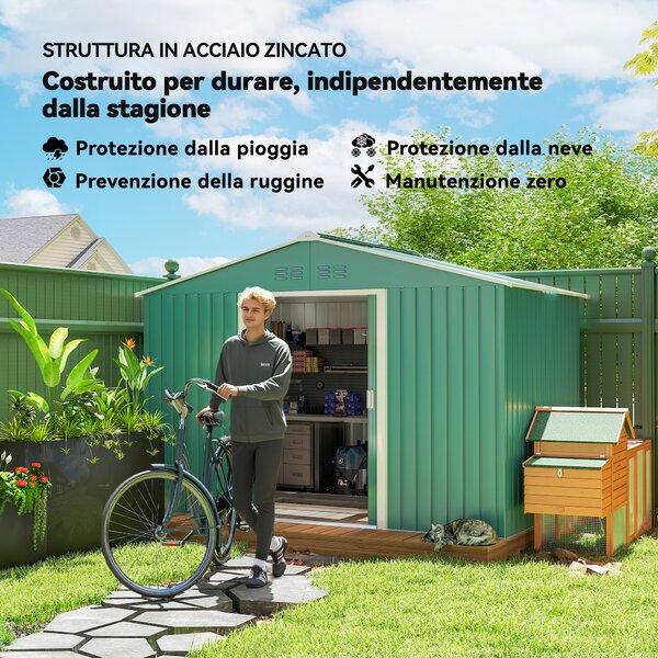 Outsunny Casetta da Giardino Porta Attrezzi in Acciaio con Tetto Inclinato e 2 Porte Scorrevoli, 277x195x192 cm, Verde Scuro | Aosom Italy