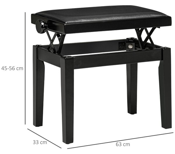 HOMCOM Panca per pianoforte, sgabello per pianoforte, regolabile in altezza, elegante in pelle sintetica+legno di gomma, nero, 63 x 33 x 56cm | Aosom Italy