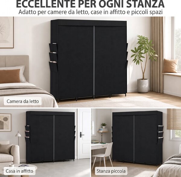 HOMCOM Armadio in Tessuto Salvaspazio con 5 Aste, 4 Ripiani, 6 Tasche Laterali, Ante Antipolvere con Zip, Nero | Aosom Italy
