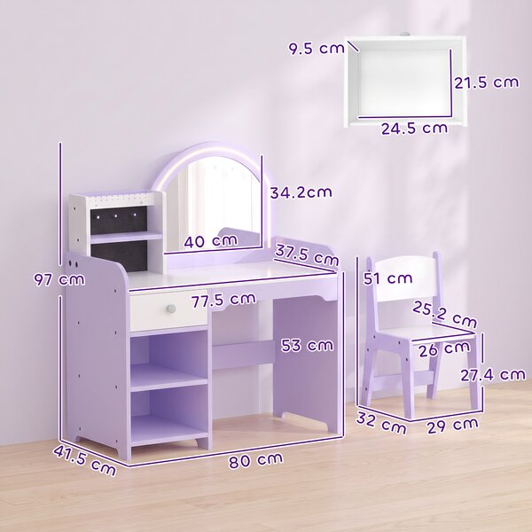 AIYAPLAY Set Toeletta Trucco Bambina 2 in 1 con Sgabello e Specchio, Luci a 2 Colori, Portagioielli, Cassetto, Viola | Aosom Italy