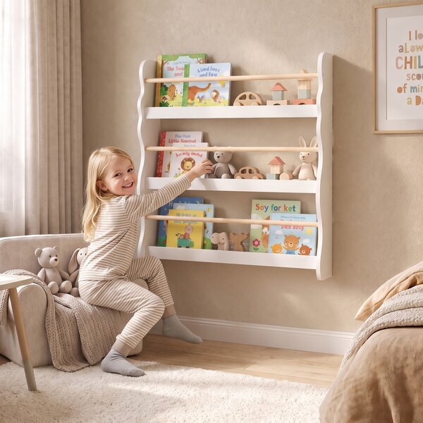 AIYAPLAY Libreria Montessoriana per Bambini 3-8 Anni a 3 Ripiani, 60x15x73 cm, per Cameretta, Bianco | Aosom Italy
