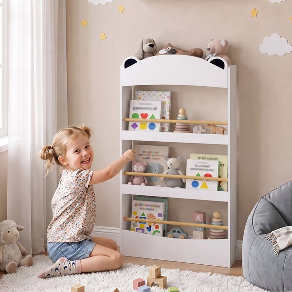 AIYAPLAY Libreria Montessoriana per Bambini 3-8 Anni a Forma di Orso con 4 Ripiani in Legno, 50x15x97 cm, Bianco | Aosom Italy