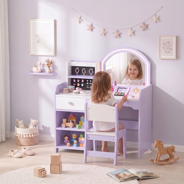 AIYAPLAY Set Toeletta Trucco Bambina 2 in 1 con Sgabello e Specchio, Luci a 2 Colori, Portagioielli, Cassetto, Viola | Aosom Italy