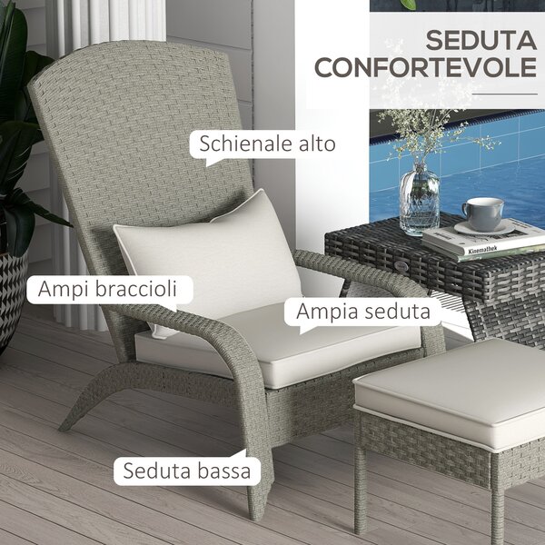Outsunny Sedia da Giardino con Poggiapiedi e Cuscini Imbottiti, in Rattan e Acciaio, 64x82x89 cm, Grigio e Crema|Aosom