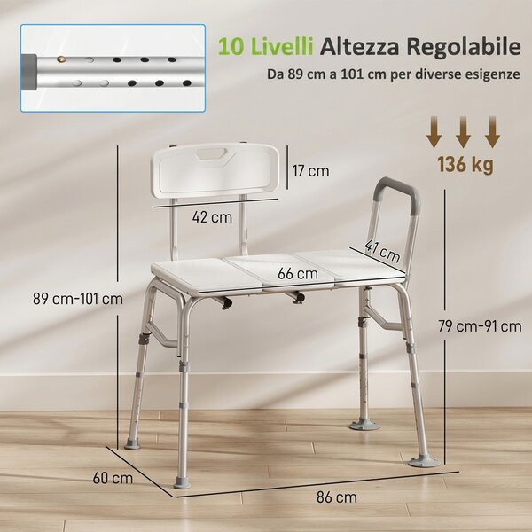 HOMCOM Sedia per Vasca da Bagno con Schienale e Bracciolo, Altezza Regolabile in 10 Livelli, Fino a 136 kg, Bianco | Aosom Italy