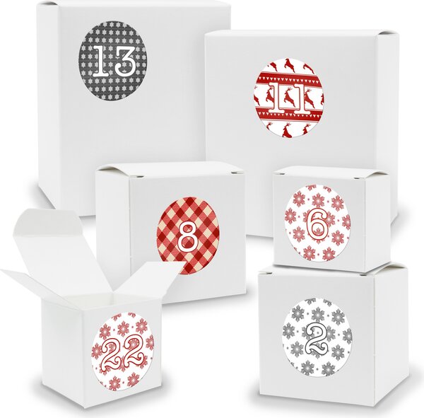 Calendario dell'Avvento da riempire: 24 cubi rettangolari assortiti BIANCHI + adesivi (V01 Z07)