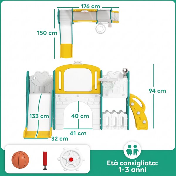 AIYAPLAY Set Scivolo per Bambini 7 in 1 con Arrampicata, Basket, Telescopio, Lavagna e Contenitore, Tema Rana, Giallo | Aosom Italy