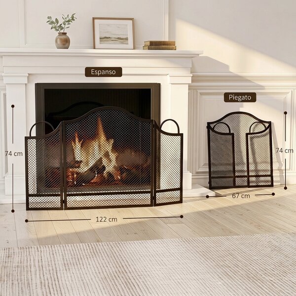 HOMCOM Parascintille Camino Pieghevole a 3 Pannelli, in Metallo Verniciato, Pronto all'Uso, 122x1x74 cm, Nero | Aosom Italy