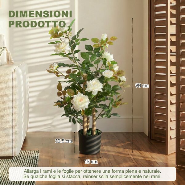 HOMCOM Pianta Finta di Rosa con 17 Fiori, 344 Foglie, Vaso, Anti-UV, Decorazione per Interno ed Esterno, Bianco | Aosom Italy