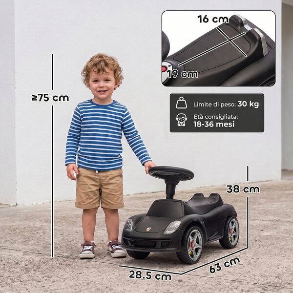 AIYAPLAY Auto Cavalcabile a Spinta per Bambini 18-36 Mesi, con Clacson, Fari, Suoni, Volante e Seduta, Nero Opaco | Aosom Italy
