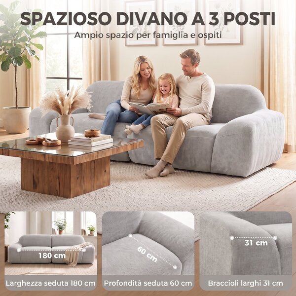 HOMCOM Divano 3 Posti Arrotondato Senza Struttura, Seduta Spaziosa, Imbottitura Spessa, Senza Montaggio, Grigio Chiaro | Aosom Italy