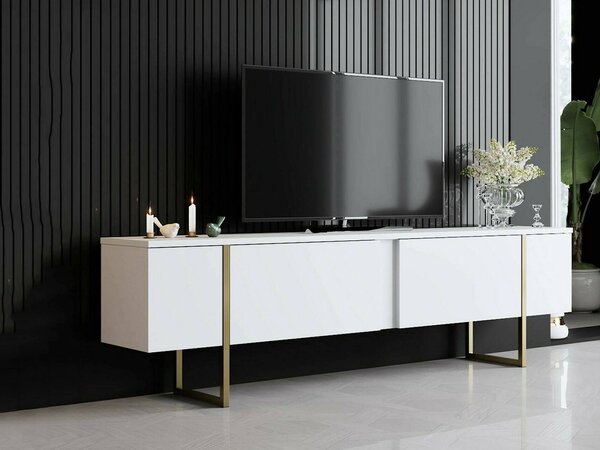 Mobile TV 180x30x50h cm Bianco e Oro con 2 Ante e Ripiano, Mobile Basso Salvaspazio in Legno e Metallo per Soggiorno Moderno – Abishia