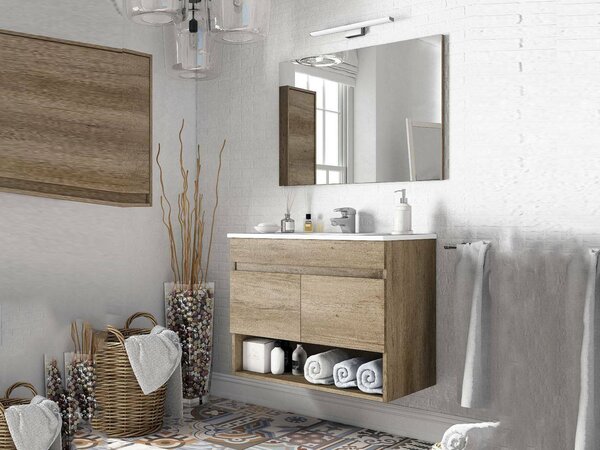 Mobile bagno sospeso con specchio 80x64x45h cm quercia - Enio