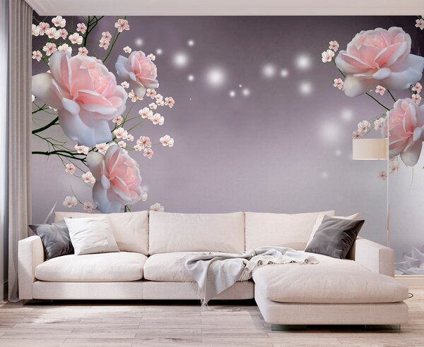 Carta da parati Fiori rosa e fiori bianchi, Carta da parati 3d fiori, Carta da parati popolare, u01045 - Tapeko.it