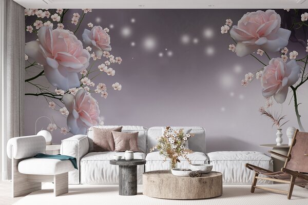 Carta da parati Fiori rosa e fiori bianchi, Carta da parati 3d fiori, Carta da parati popolare, u01045 - Tapeko.it