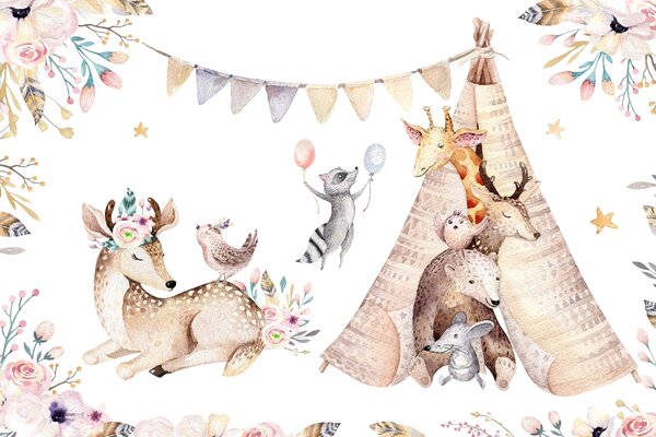 Carta da parati Gruppo di animali con un teepee, Carta da parati per Bambini, Carta da parati popolare, u01584 - Tapeko.it