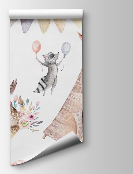Carta da parati Gruppo di animali con un teepee, Carta da parati per Bambini, Carta da parati popolare, u01584 - Tapeko.it