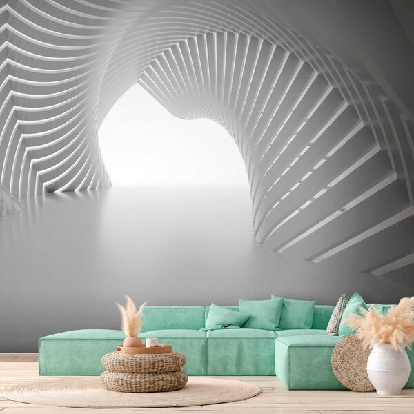 Carta da parati Tunnel bianco con linee curve, Carta da parati che aumenta lo spazio, Carta da parati popolare, u02035 - Tapeko.it