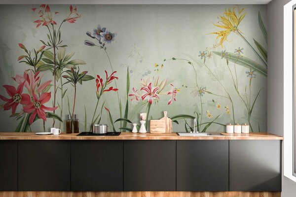 Carta da parati Fiori vivaci in morbide tonalità di verde, Carta da parati acquerello sul muro, Carta da parati popolare, u02349 - Tapeko.it