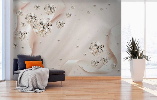 Carta da parati Nastro di raso bianco con diamanti e perle, Carta da parati 3d fiori, Carta da parati popolare, u02183 - Tapeko.it