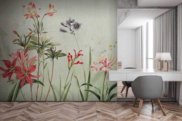 Carta da parati Fiori vivaci in morbide tonalità di verde, Carta da parati acquerello sul muro, Carta da parati popolare, u02349 - Tapeko.it