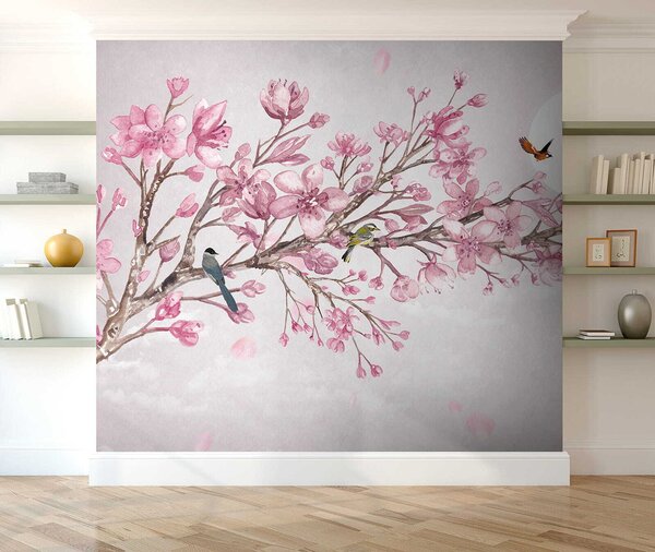 Carta da parati Pittura di un ramo con fiori rosa e uccelli, Carta da parati Floreale, Carta da parati popolare, u03510 - Tapeko.it