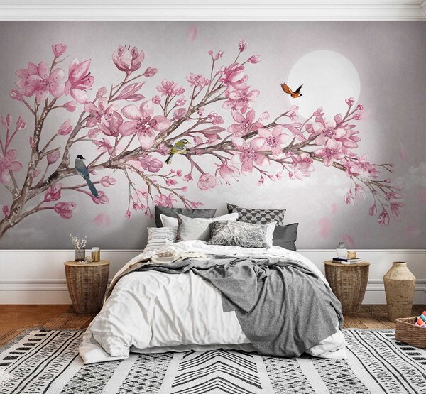 Carta da parati Pittura di un ramo con fiori rosa e uccelli, Carta da parati Floreale, Carta da parati popolare, u03510 - Tapeko.it