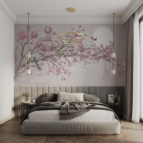Carta da parati Pittura di un ramo con fiori rosa e uccelli, Carta da parati Floreale, Carta da parati popolare, u03510 - Tapeko.it