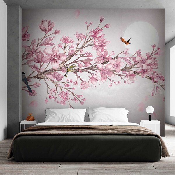 Carta da parati Pittura di un ramo con fiori rosa e uccelli, Carta da parati Floreale, Carta da parati popolare, u03510 - Tapeko.it
