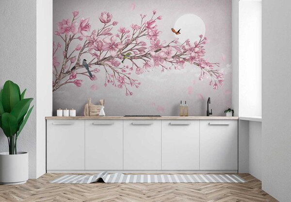 Carta da parati Pittura di un ramo con fiori rosa e uccelli, Carta da parati Floreale, Carta da parati popolare, u03510 - Tapeko.it