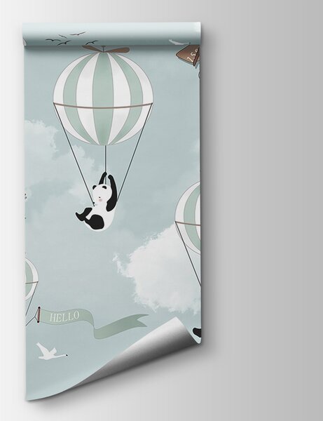 Carta da parati Panda e mongolfiere in cielo, Carta da parati per Bambini, Carta da parati popolare, u04394 - Tapeko.it