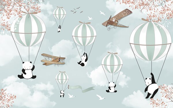 Carta da parati Panda e mongolfiere in cielo, Carta da parati per Bambini, Carta da parati popolare, u04394 - Tapeko.it