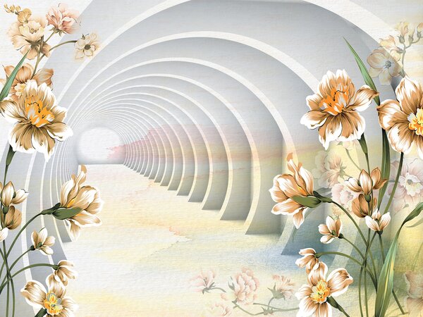 Carta da parati Carta da parati con fiori e tunnel, Carta da parati che aumenta lo spazio, Carta da parati popolare, u04401 - Tapeko.it