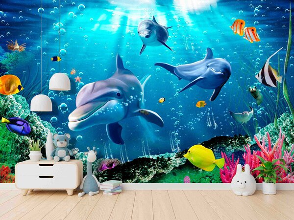 Carta da parati Gruppo di delfini che nuota in acqua, Carta da parati animali, Carta da parati popolare, u05654 - Tapeko.it