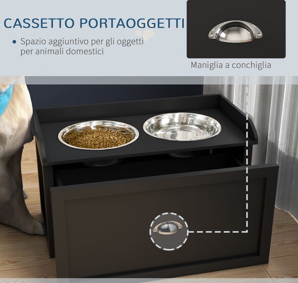 PawHut Ciotole per Cani Rialzate in Acciaio Inox e Legno con Cassetto, 60x30x36cm, Nero