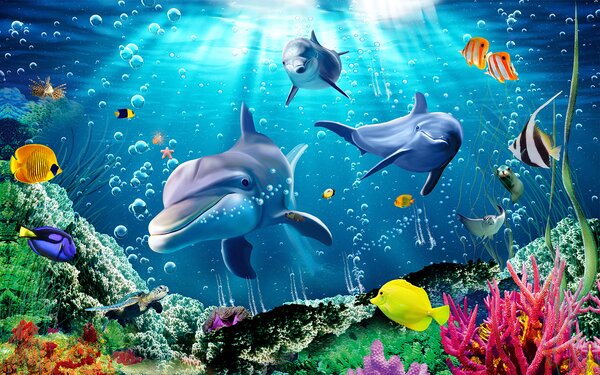 Carta da parati Gruppo di delfini che nuota in acqua, Carta da parati animali, Carta da parati popolare, u05654 - Tapeko.it
