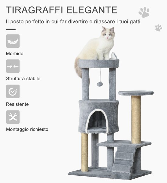 Albero Tiragraffi Per Gatti PawHut - Con 2 Casetto, Lettino E Sisal, 59x39x83cm, Grigio Chiaro - Foto 6