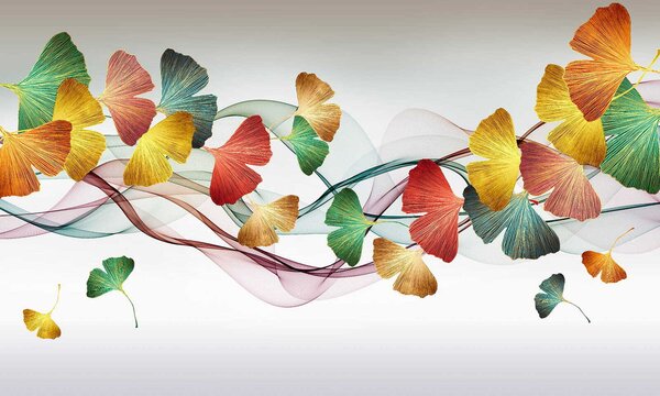 Carta da parati Foglie e vortici colorati, Carta da parati per Bambini, Carta da parati popolare, u06358 - Tapeko.it