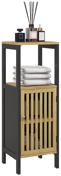 HOMCOM Mobiletto Bagno con Ripiano Aperto e Armadietto, in MDF e Bambù, 32x30x90.5 cm, Nero e color Legno|Aosom