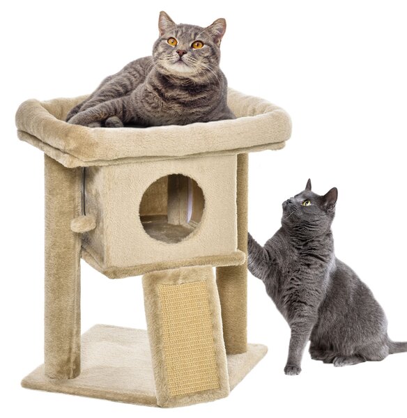 PawHut Albero per Gatti in Peluche con Casetta per Gatti e Lettino, Tiragraffi in Juta e Pallina, Marrone