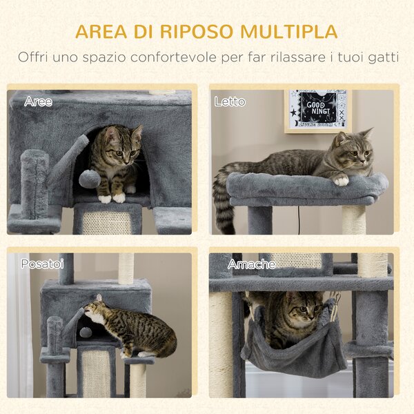 PawHut Albero Tiragraffi per Gatti con Pali in Sisal, Casetta, Lettino e Amache, 48x48x140cm, Grigio|Aosom