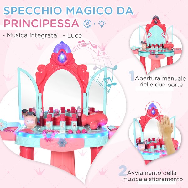 AIYAPLAY Tavolino Toeletta per Bambine con Sgabello, Specchio, Luci e Accessori, in PP e GPPS, 57x34x76 cm, Multicolore