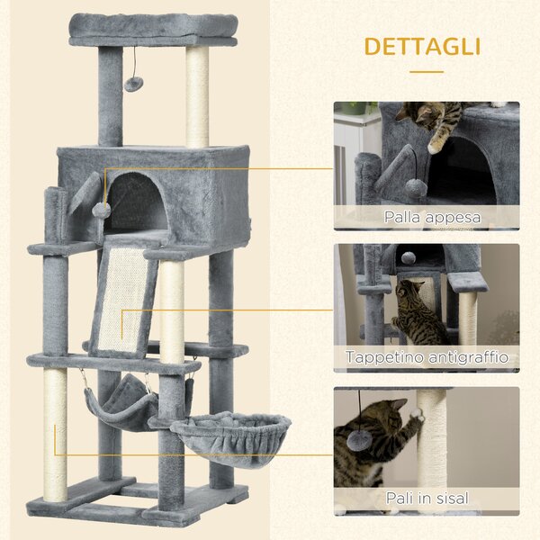 PawHut Albero Tiragraffi per Gatti con Pali in Sisal, Casetta, Lettino e Amache, 48x48x140cm, Grigio|Aosom