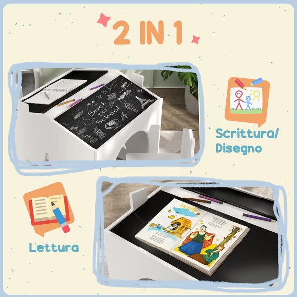 AIYAPLAY Set con 2 Sedie per Bambini e Tavolino con Lavagna per Cameretta e Asilo, Età 3-8 Anni, Bianco