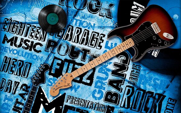 Carta da parati Chitarra e disco su sfondo blu, Carta da parati per Bambini, Carta da parati popolare, u06794 - Tapeko.it
