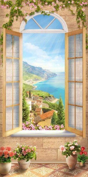 Carta da parati Finestra con vista su una città e uno specchio d'acqua, Carta da parati Finestre, Carta da parati popolare, u07042 - Tapeko.it