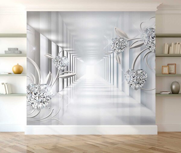 Carta da parati Corridoio bianco con diamanti e fiori, Carta da parati 3d, Carta da parati popolare, u07513 - Tapeko.it
