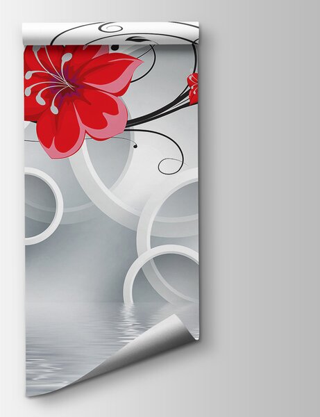 Carta da parati Carta da parati con fiori rossi e cerchi bianchi, Carta da parati 3d fiori, Carta da parati popolare, u08994 - Tapeko.it