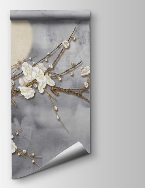 Carta da parati Uccello su un ramo con fiori bianchi, Carta da parati design, Carta da parati popolare, u09726 - Tapeko.it